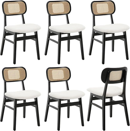 ROCITY Black Rattan Dining Chairs Set of 6 Sherpa Dining Room Chairs Natural Wooden Kitchen Chairs Farmhouse Boho