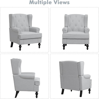 Accent Chair for Living Room, Mid Century Modern Upholstered Armchair, Wingback Chair with Tufted High Back and Solid Legs, Comfy Single Sofa Side Chairs for Bedroom, Light Grey