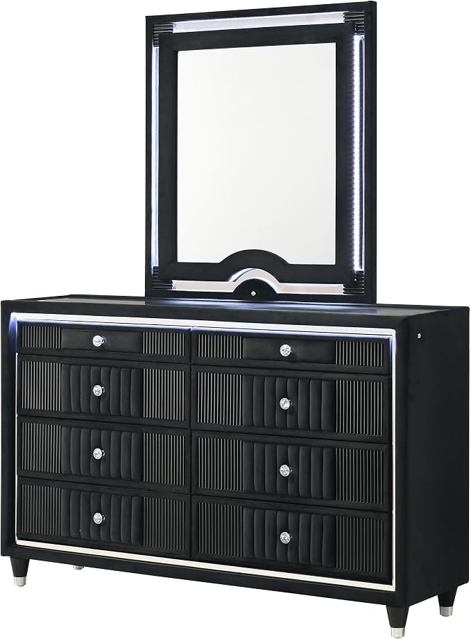 Coaster Home Furnishings - Ravenne - Wood - 8-Drawer Dresser with LED Mirror, Velvet Upholstery, and Glass Top - Bedroom - Black - 223193M