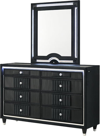 Coaster Home Furnishings - Ravenne - Wood - 8-Drawer Dresser with LED Mirror, Velvet Upholstery, and Glass Top - Bedroom - Black - 223193M
