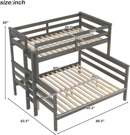 Wood Bunk Bed Twin XL Over Queen Size, Detachable Design Bunk Bed Frame with Safety Guardrail, Ladder and Sturdy Slats Support (Grey-4.21)