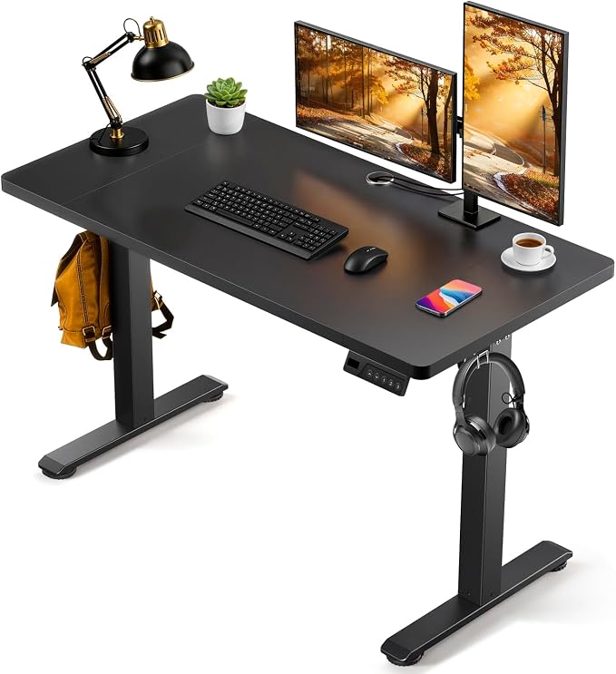 Standing Desk, 55 x 24 Inches Electric Height Adjustable Desk, Sit Stand up Desk, Memory Computer Home Office Gaming Desk with 3 Preset Heights, Table Cable Management Box, Black