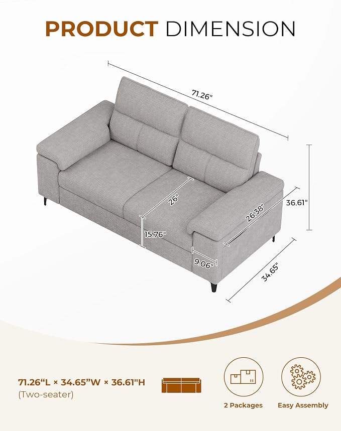 Upvilla 71.25" Modern Couches for Living Room, Deep Seat Sofa with 8” Cushion, Comfy 2-Seater Chenille Loveseat with Convertible Armrest, Removable Sofa Cover, High Leg(Light Gray)