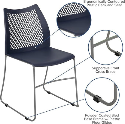 Flash Furniture HERCULES Series 661 lb. Capacity Navy Stack Chair with Air-Vent Back and Gray Powder Coated Sled Base