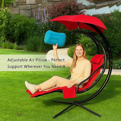 Replacement Cover for Outdoor Hanging Lounge Chair Cushion (Cover Only), Waterproof, with Umbrella Fabric and Inflatable Headrest, Patio Curved Chaise Hammock Swing Lounger Cushion Cover （Claret）
