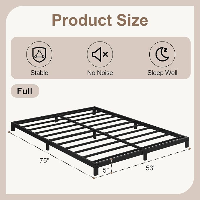 Cieemine 5 Inch Low Bed Frame Full, Heavy Duty Full Size Bed Frame Low Profile, No Box Spring Needed, Easy Assembly, Noise Free, Black