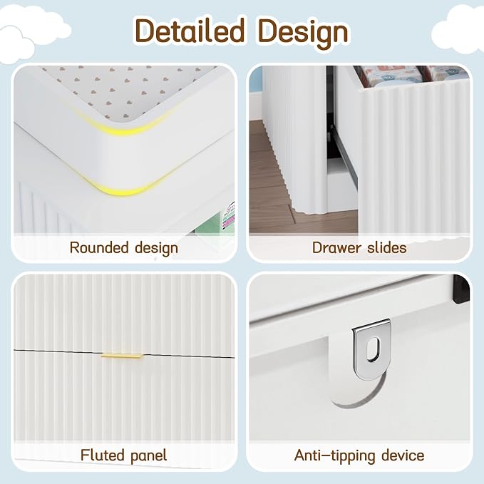 Nursery Dresser, 4 Large Drawers Wood Baby Changing Dresser with Raised and Detachable Changing Table Top, Fluted Chest with Gold Handles, Baby Storage Organizer for Kids Bedroom, Nursery Room, White