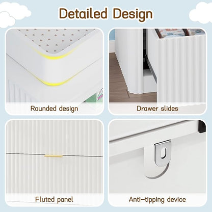 Nursery Dresser, 4 Large Drawers Wood Baby Changing Dresser with Raised and Detachable Changing Table Top, Fluted Chest with Gold Handles, Baby Storage Organizer for Kids Bedroom, Nursery Room, White
