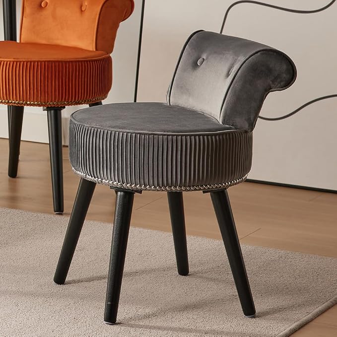 2BYFVanity Chair with Back, Velvet Stool with Low Backrest & Silvery Nailhead Trim, Round Vanity Seat for Bedroom and Bathroom Makeup, Support 220lbs, Easy Assembly (Gray)