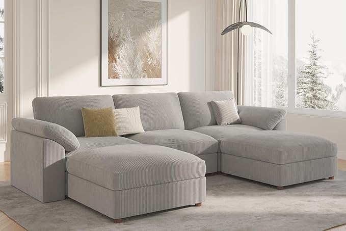 EASE MOOSE Extra Large U Shape Sectional Cloud Couch,Oversized Modular Sectional Cloud Couch,Comfty Deep Modular Sofa with Ottoman for Living RoomLight Gray
