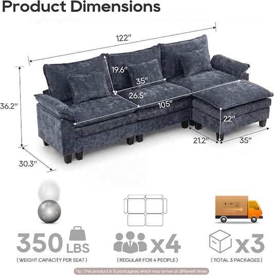 URRED Oversized Modular Sectional Sofa, 122" L Shaped Modern Comfy Cloud Couch with Movable Ottoman & Pillows, Deep Seat Couches for Living Room, Bedroom or Apartment (Chenille Blue, 122" L Shaped)