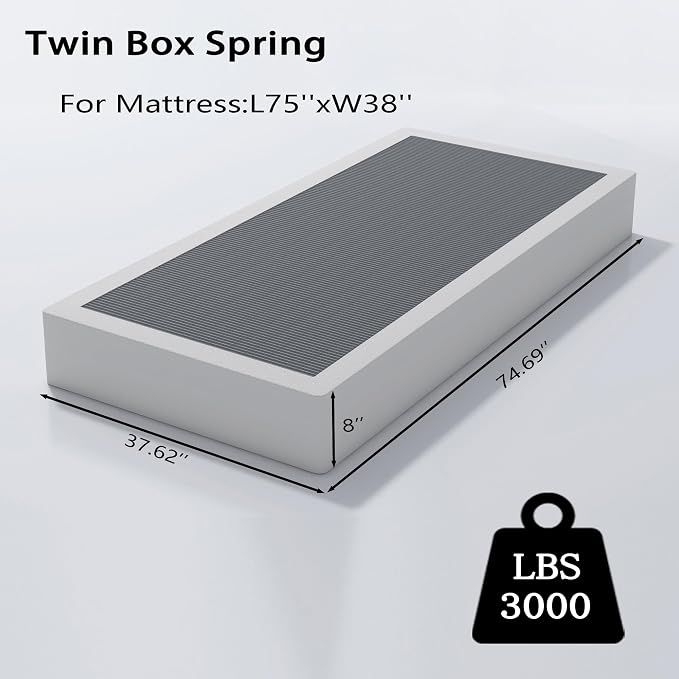 Vaciwe 8 Inch Twin Box Spring with Cover Heavy Duty Metal Box Spring Only,Sturdy Mattress Foundation, Non-Slip,No Noise,Easy Assembly.
