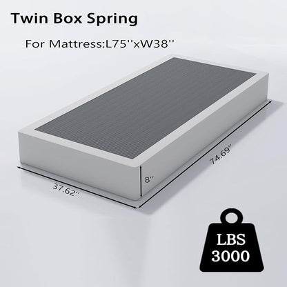 Vaciwe 8 Inch Twin Box Spring with Cover Heavy Duty Metal Box Spring Only,Sturdy Mattress Foundation, Non-Slip,No Noise,Easy Assembly.