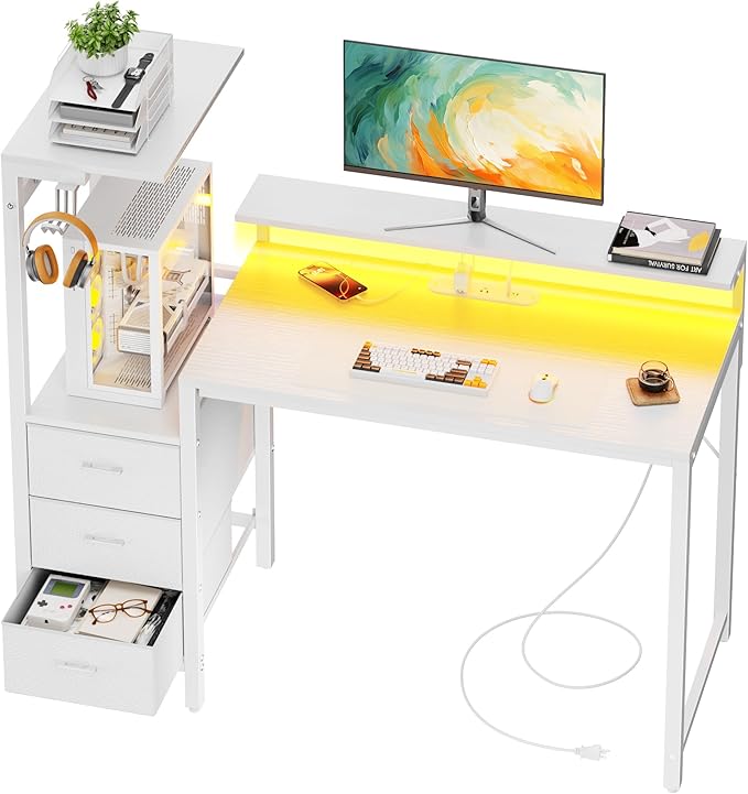 HLDIRECT 44 inch Gaming Desk with 3 Fabric Drawers & Side Hooks-Reversible Home Office Computer Desk with Power Outlets & Led Lights, Gamer Desk Table with Monitor Stand, White
