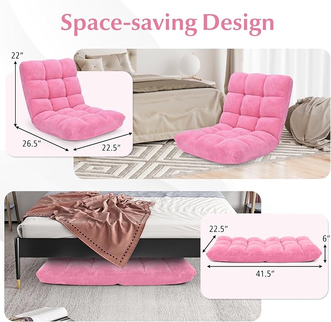 14-Position Floor Sofa, Folding Gaming Sofa Chair, Comfy Cushions & Study Steel Frame, Angle Adjustable Sleeper Bed, Couch Recliner (Pink)