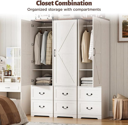 Armoire Wardrobe Closet with Reversible Hinge Doors and Adjustable Shelves, 71” Tall Farmhouse Narrow Wardrobe Closet with 2 Drawers and Hanging Rod, Rustic Wooden Armoire Closet for Bedroom, White