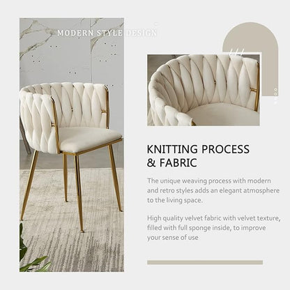 Velvet Dining Chairs Set of 4, Modern Dining Chair with Golden Metal Legs, Woven Upholstered Dining Chairs for Dining Room, Kitchen, Vanity, Living Room (Beige)
