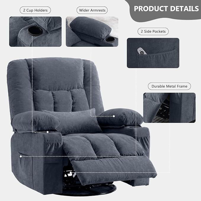 Swivel Rocker Recliner Chair with Vibration Massage and Heat Ergonomic Lounge Chair for Living Room with Rocking Function and Side Pocket, 2 Cup Holders, USB Charge Port