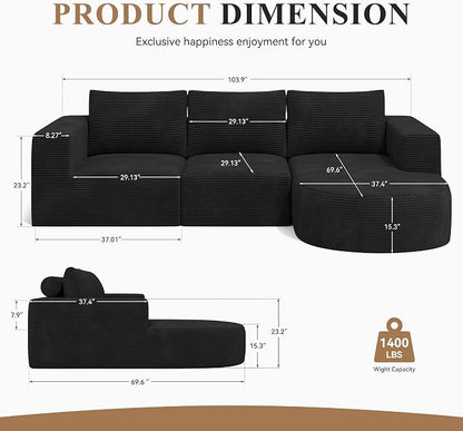 L-Shaped Boneless Couch,104" Couches for Living Room with Curved Chaise,Modular Sectional Sofa with Deep Seat,Modern Cozy Cloud Compression Sofas,No Assembly Required(Black) 1PCS