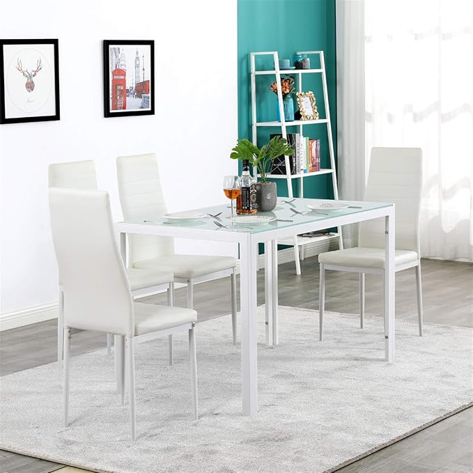 Karl home White Dining Chairs Set of 6, PU Leather & High Back | Kitchen chairs with padded seats & foot cap protection for dining kitchen living room,300lbs capacity,space-saving