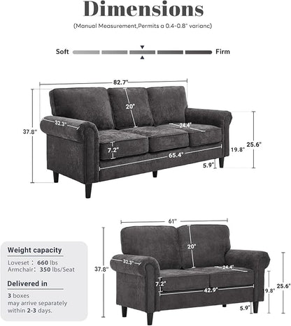 Kingfun Loveseat 2 & 3 Seater Couch with Chair, Mid Century Modern Chenille Sofa Set with Rolled Arms and Deep Seats, Fluffy Comfort for Living Room, Apartment, Easy Assembly, Grey