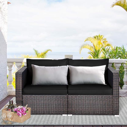 Tangkula 2 Seat Outdoor Wicker Loveseat Sofa Set, Modular PE Rattan 2 Pieces Outdoor Wicker Corner Sofa, Outside Furniture Set for Deck, Backyard, Porch, Garden & Poolside, Black