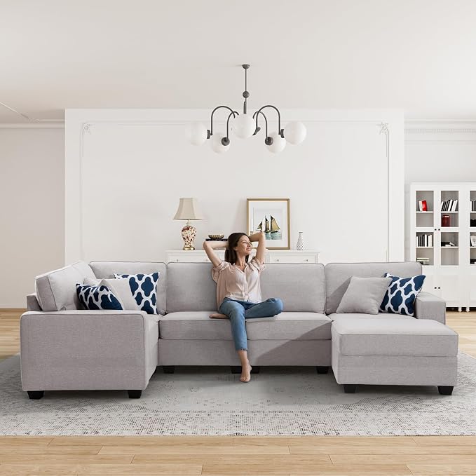 Legend Vansen Oversized Modular Sectional Sofa,U/L‑Shaped Reversible Couch with Ottoman,Deep Seat Plush Polyester Sofa for Living Room,6‑Seater,Light Grey