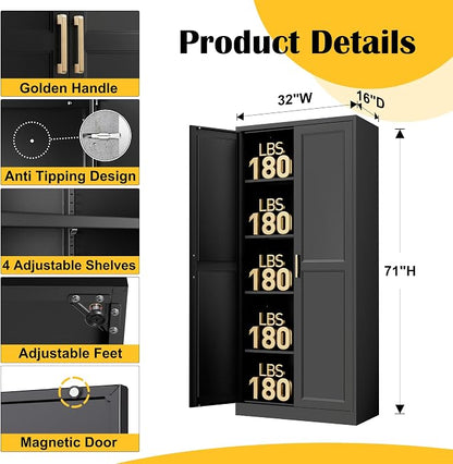 SteeLoong Kitchen Pantry Cabinet,71”Black Metal Pantry Storage Cabinet with Doors and 4 Adjustable Shelves,Kitchen Cabinet with 2 Gold Handles,Tall Cabinet for Livingroom,Pantry, Bathroom