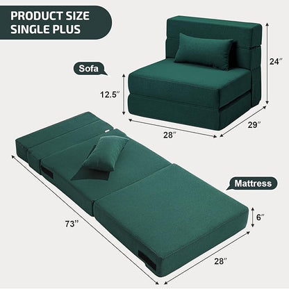 SUYOLS Folding Sofa Bed with Pillow- Convertible Chair Floor Couch & Sleeping Mattress, Foldable Memory Foam Sleeper for Living Room/Dorm/Guest Room/Home Office/Apartment/Loft, Single28, Dark Green