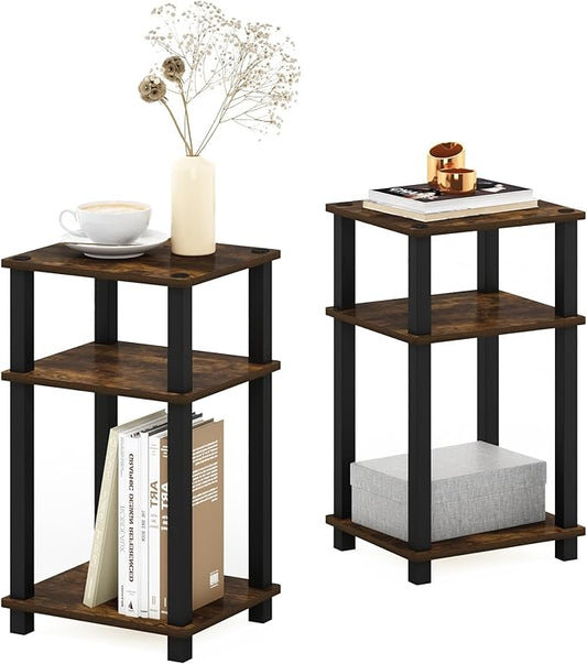 Furinno JUST Side Table Set of 2, 3-Tier Open Shelf End Table, Toolless Assembly Night Stand, Bedside Table with Square Tube, for Living Room, Bedroom, Amber Pine