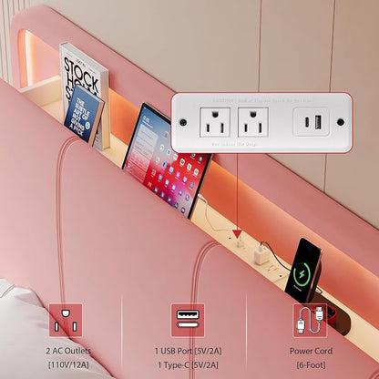 Feonase Queen Upholstered Bed Frame with Headboard and 2 Storage Drawers, Built-in Charging Station, Velvet Platform LED Bed with Solid Wood Slat Support, No Box Spring Needed, Pink