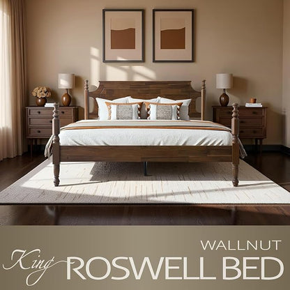 Solid Wood King SizePlatform Bed Frame with Headboard & Footboard, Center Metal Legs, 12 Sturdy Slats Base, Easy Assembly, No Box Spring Needed, Anti-Noise & Slip-Free, Walnut Finish, ROK-37