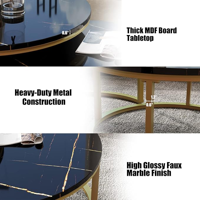 WiberWi Round Coffee Table Nesting Tables Set of 2, Large : Ø 34.0", Small : Ø 26.0", Modern Design Coffee Tables for Living Room, Gold Metal Frame Circle Cocktail Table, High Glossy Faux Black Marble