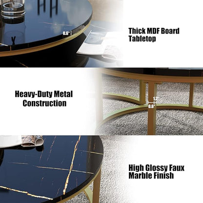 WiberWi Round Coffee Table Nesting Tables Set of 2, Large : Ø 34.0", Small : Ø 26.0", Modern Design Coffee Tables for Living Room, Gold Metal Frame Circle Cocktail Table, High Glossy Faux Black Marble