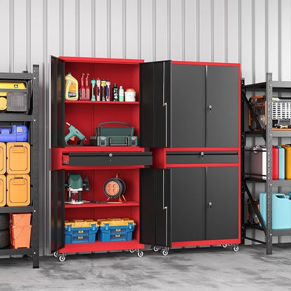 73" Metal Garage Storage Cabinet with Wheels， Rolling Tool Storage with Locking Doors， Adjustable Shelves and Drawer, Heavy Duty Steel Tool Cabinet for Garage, Warehouse, School(Red Black)