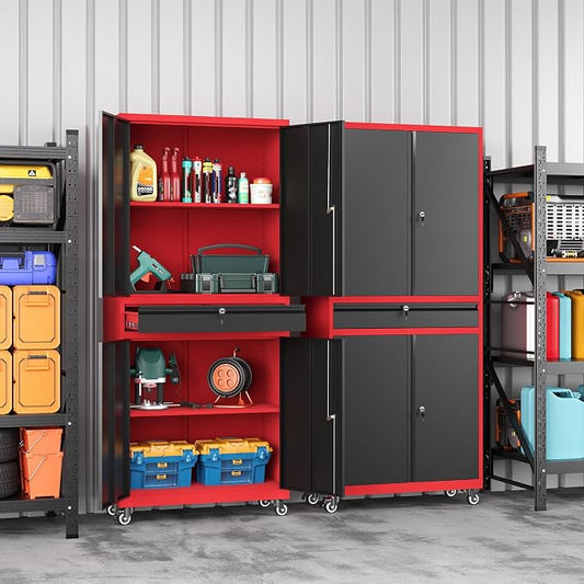 73" Metal Garage Storage Cabinet with Wheels， Rolling Tool Storage with Locking Doors， Adjustable Shelves and Drawer, Heavy Duty Steel Tool Cabinet for Garage, Warehouse, School(Red Black)