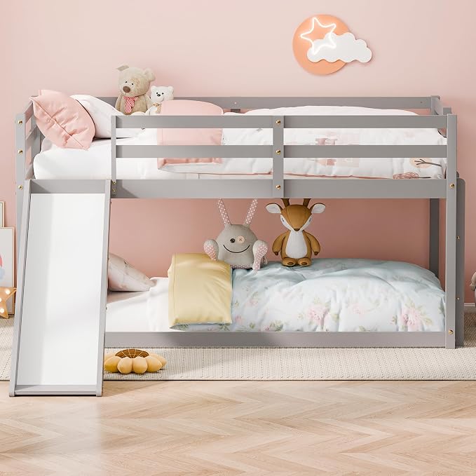 Bunk Bed with Slide, Wooden Bed Frame for Kids, Low Loft Bunk Bed Twin Over Twin with Ladders, Safety Guardrails for Kids, Toddlers, Boys, Girls, Teens, Bedroom (Grey)