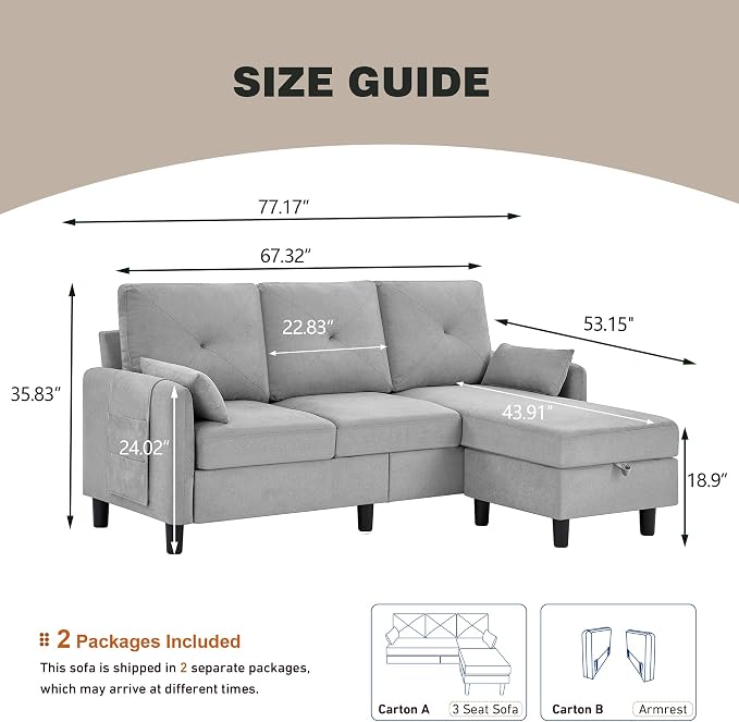 Convertible L-Shaped Sectional Sofa, 3-Seat Sofa Couches with Storage Ottoman & 2 Pillows and Side Storage Pockage, Small Modern Couch for Living Room, Apartment and Office, Light Grey