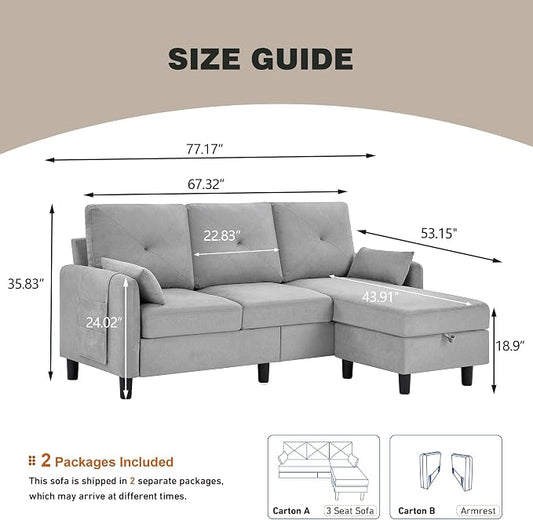 Convertible L-Shaped Sectional Sofa, 3-Seat Sofa Couches with Storage Ottoman & 2 Pillows and Side Storage Pockage, Small Modern Couch for Living Room, Apartment and Office, Light Grey