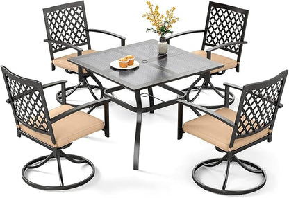 PHI VILLA 5 Pieces Outdoor Dining Set for 4, 37” Square Metal Steel Table with Mesh Tabletop & Swivel Wrought Iron Chairs with Cushions, Outside Furniture Set for Patio, Deck, Yard, Porch