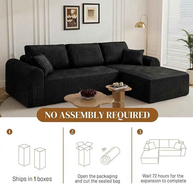 110" L Shaped Boneless Sectional Couches for Living Room, Comfy Corduroy Floor Cloud Sofa with Chaise, Wide Armrest, Deep Seat, Memory Foam, Assembly Free, Ideal for Small Spaces, Black