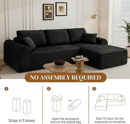 110" L Shaped Boneless Sectional Couches for Living Room, Comfy Corduroy Floor Cloud Sofa with Chaise, Wide Armrest, Deep Seat, Memory Foam, Assembly Free, Ideal for Small Spaces, Black