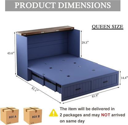 Queen Murphy Bed with Charging Station, Farmhouse Noisy-Free Foldable Cabinet Bed Frame with Storage Drawer, Space Saving Hideaway Wall Bed for Guest Bedroom, Living Room, Office, Blue