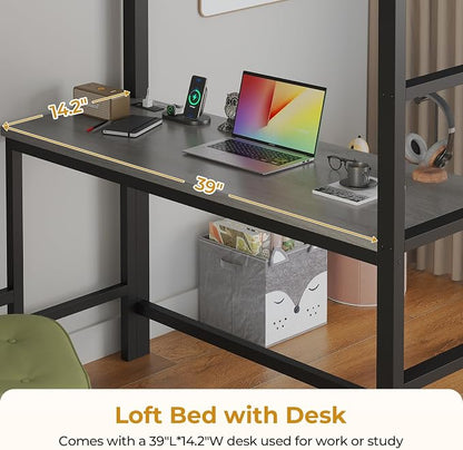 ADORNEVE Twin Size Loft Bed with Desk and 8 Storage Drawers, Metal Loft Bed Twin with LED Lights & Charging Sation, Storage Shelves, 13.1" H Safety Guard & Ladder, No Box Spring Needed, Grey