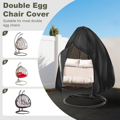 Heavy-Duty Outdoor Egg Chair Cover for Two-Seater - Zippered, UV-Resistant, Windproof, Anti-Oxidation & Anti-Fade Protection for Hanging Wicker Rocker Chairs, 79"x91" (Black)
