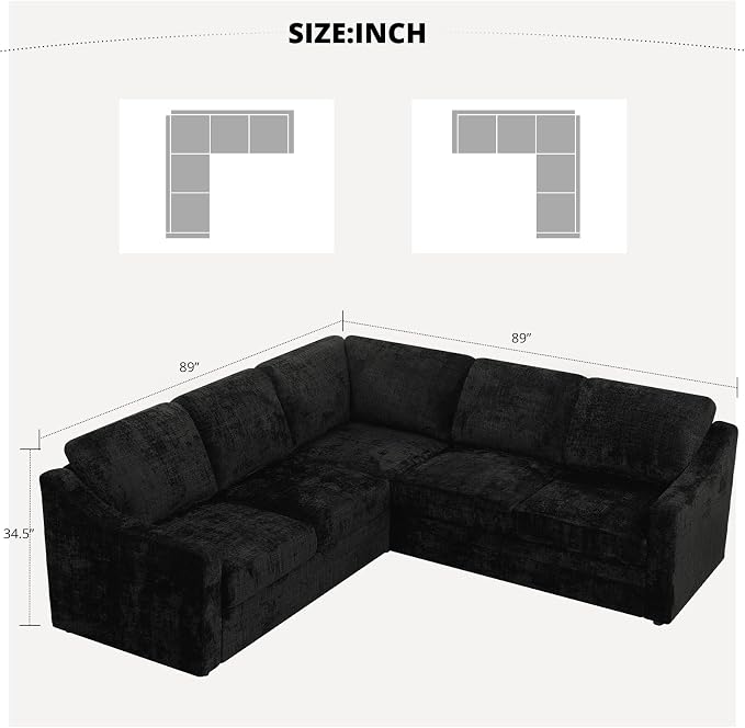 89" Chenille Sectional Sofa with High Density Sponge, Modern 5 Seats Corner Couch with Deep Seat, Comfy Modular L Shaped Couch with Comfortable Back Cushions for Living Room, Black
