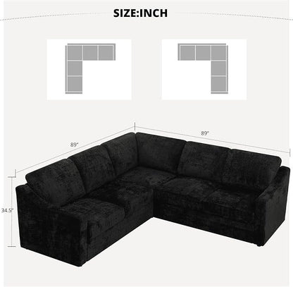 89" Chenille Sectional Sofa with High Density Sponge, Modern 5 Seats Corner Couch with Deep Seat, Comfy Modular L Shaped Couch with Comfortable Back Cushions for Living Room, Black