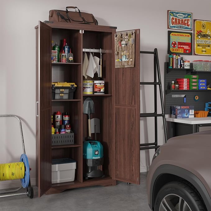 Befrases Farmhouse Storage Cabinet with Adjustable Shelves, Large Pantry Organize with 2 Barn Doors, Tall Freestanding Cabinet for Kitchen, Bathroom, Garage, Basement, Living, Utility Room, Brown