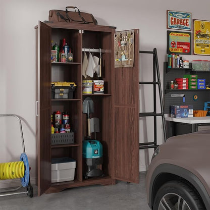 Befrases Farmhouse Storage Cabinet with Adjustable Shelves, Large Pantry Organize with 2 Barn Doors, Tall Freestanding Cabinet for Kitchen, Bathroom, Garage, Basement, Living, Utility Room, Brown