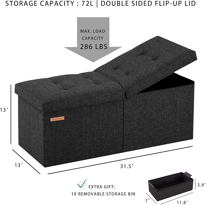 HAUSFRAU 31.5 Inches Ottoman with Storage Bench, Folding Ottoman Bench Small Foot Rest Stool, Bedroom Bench with Flipping Lid, Linen Navy Blue